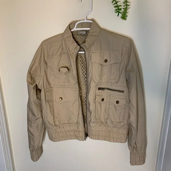 Vintage 725 Beige Bomber Utility Cropped Jacket Size Large - Picture 4 of 16